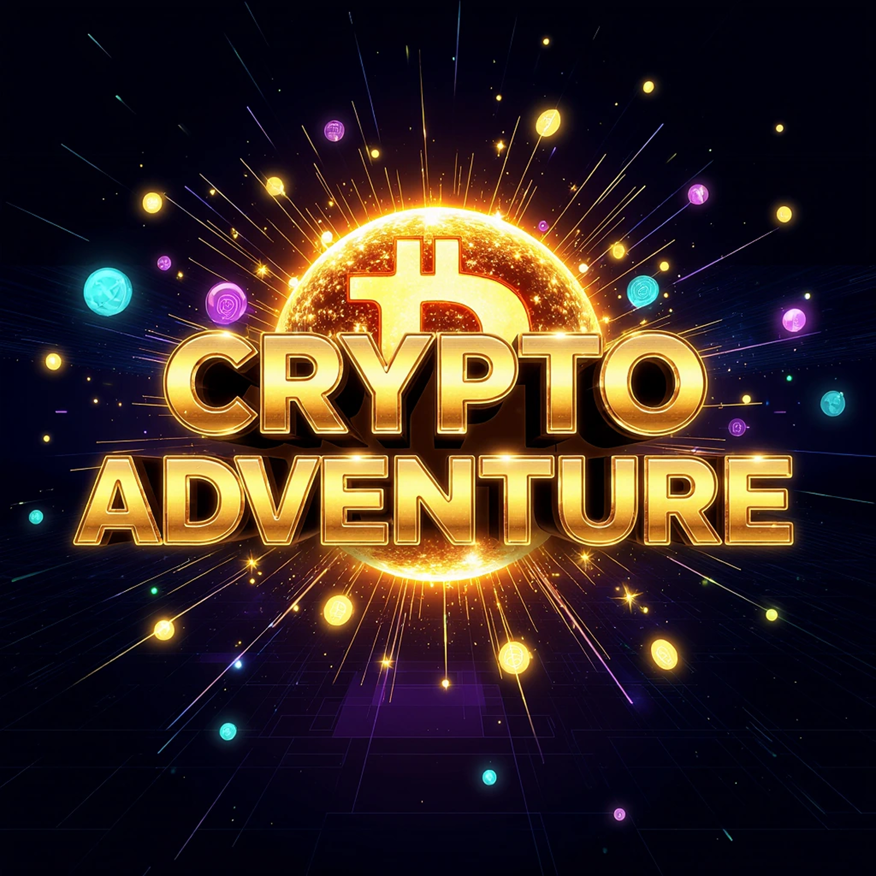 Poster Crypto Adventure cu artefacte digitale strălucitoare și căi neon