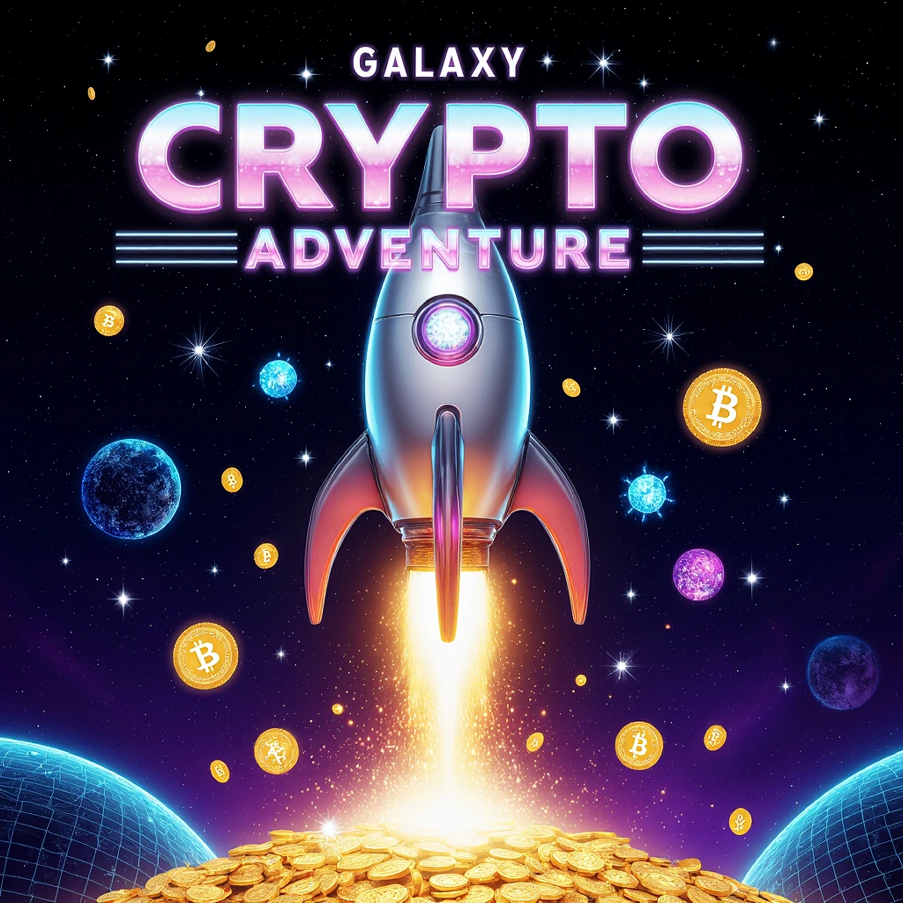 Artă promo Galaxy Crypto Adventure cu nave spațiale și simboluri crypto